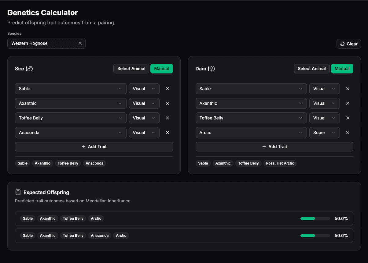 Herply genetics calculator with snake and frog icons