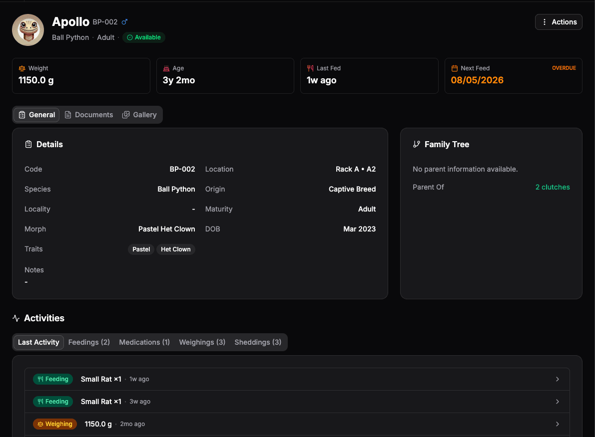 Herply dashboard with animal cards and feeding calendar