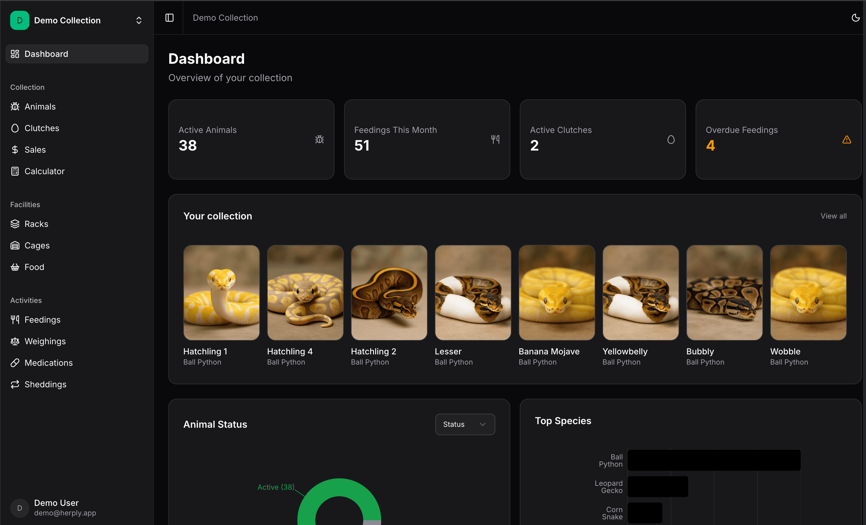 Herply dashboard — a reptile collection with photos, feeding activity and stats